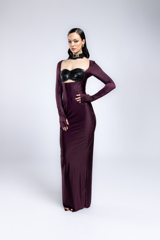 Abito in jersy con cut out in ecopelle