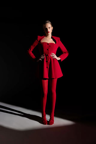 Abito manica lunga in cady corto con scollo a cuore e bottoni