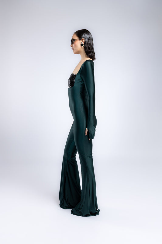 Tuta in jersy cut-out in ecopelle