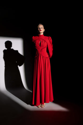 Abito in Georgette a Manica Lunga a Sbuffo con Corpetto Plissé