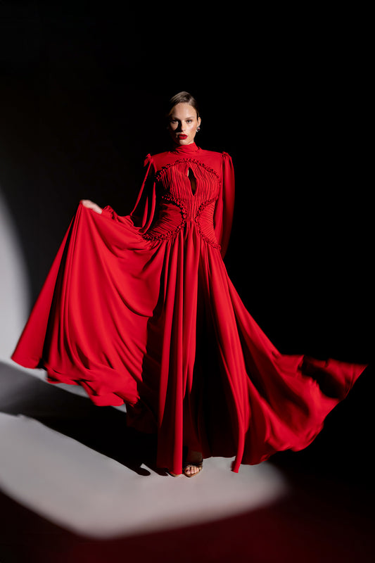 Abito in Georgette a Manica Lunga a Sbuffo con Corpetto Plissé