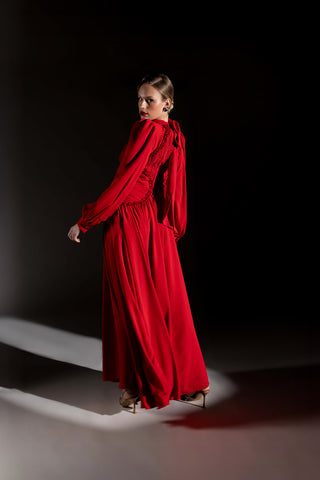 Abito in Georgette a Manica Lunga a Sbuffo con Corpetto Plissé