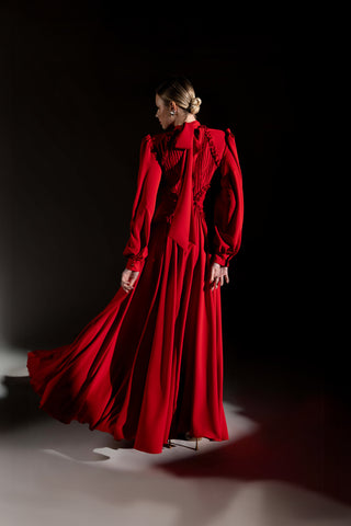 Abito in Georgette a Manica Lunga a Sbuffo con Corpetto Plissé