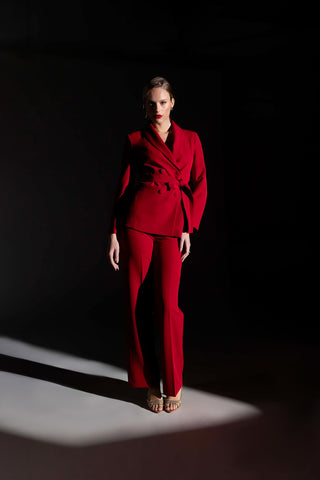 Tailleur in cady con giacca doppio petto con cintura e pantalone